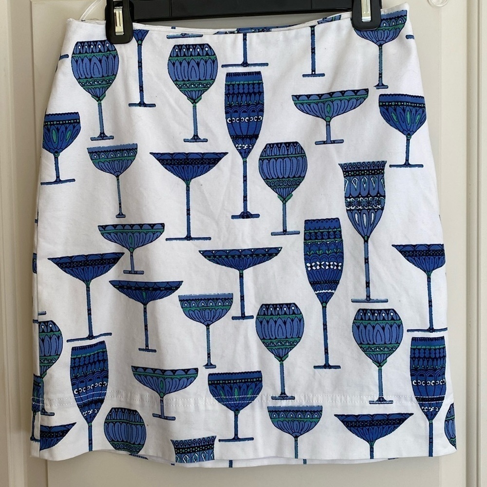 Talbots Cotton White Blue Cocktail Glasses Pencil Skirt Sz 4 - Picture 1 of 6